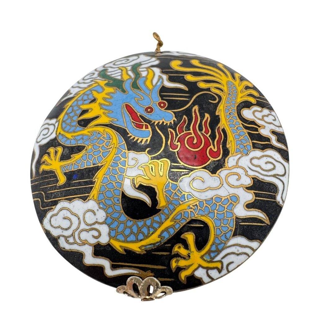 Cloisonne Vtg Enamel Dragon Black Bead Clouds Fire 2" Diameter Gold-Tone Trim